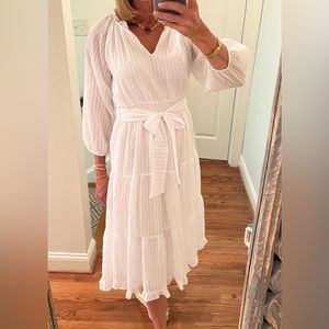 White, textured dress. Size sm. Elastic waist with tie belt, 3/4 length sleeves